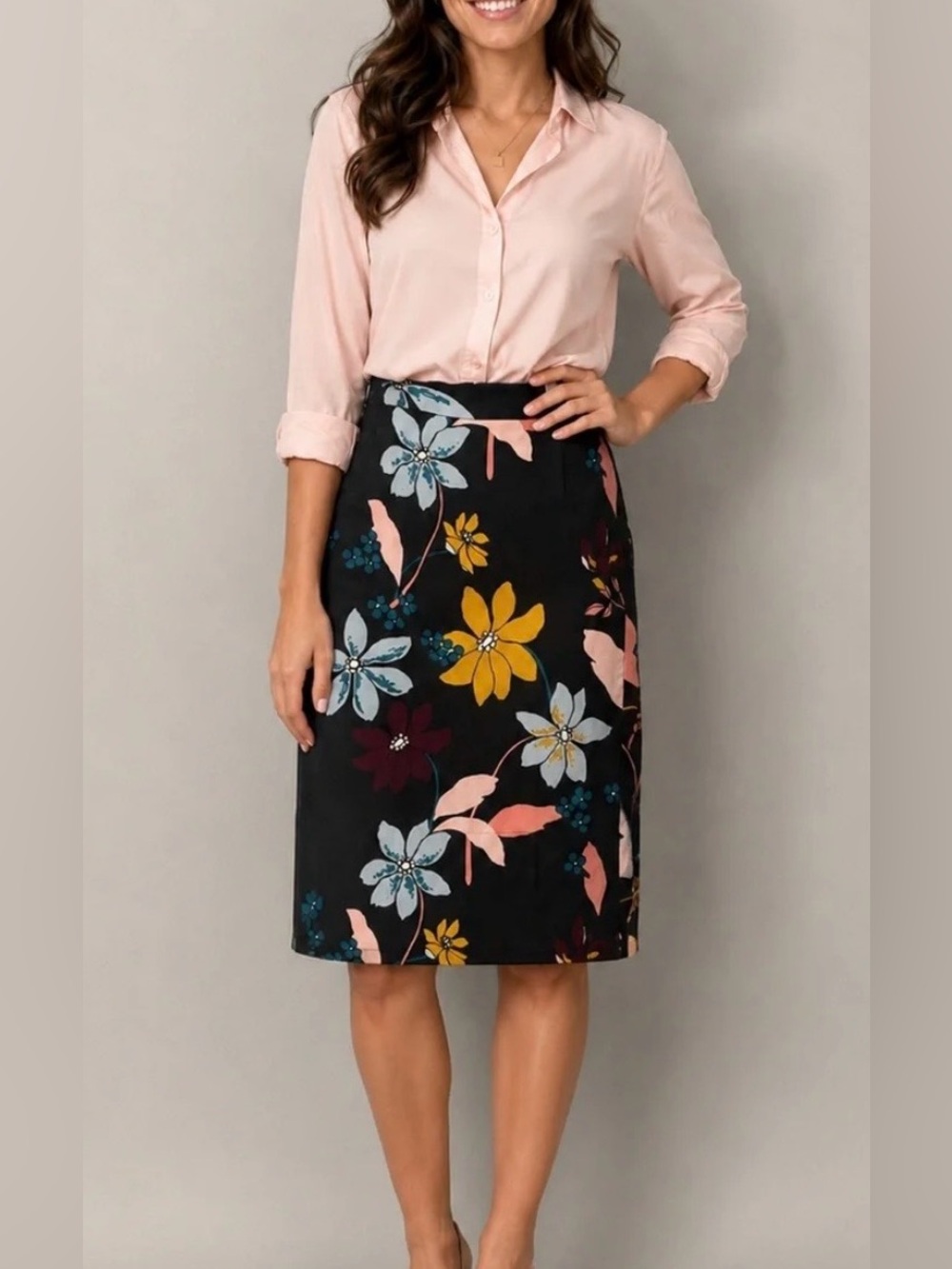 WHO WHAT WEAR Womenβs Black Floral Midi Skirt Size 8